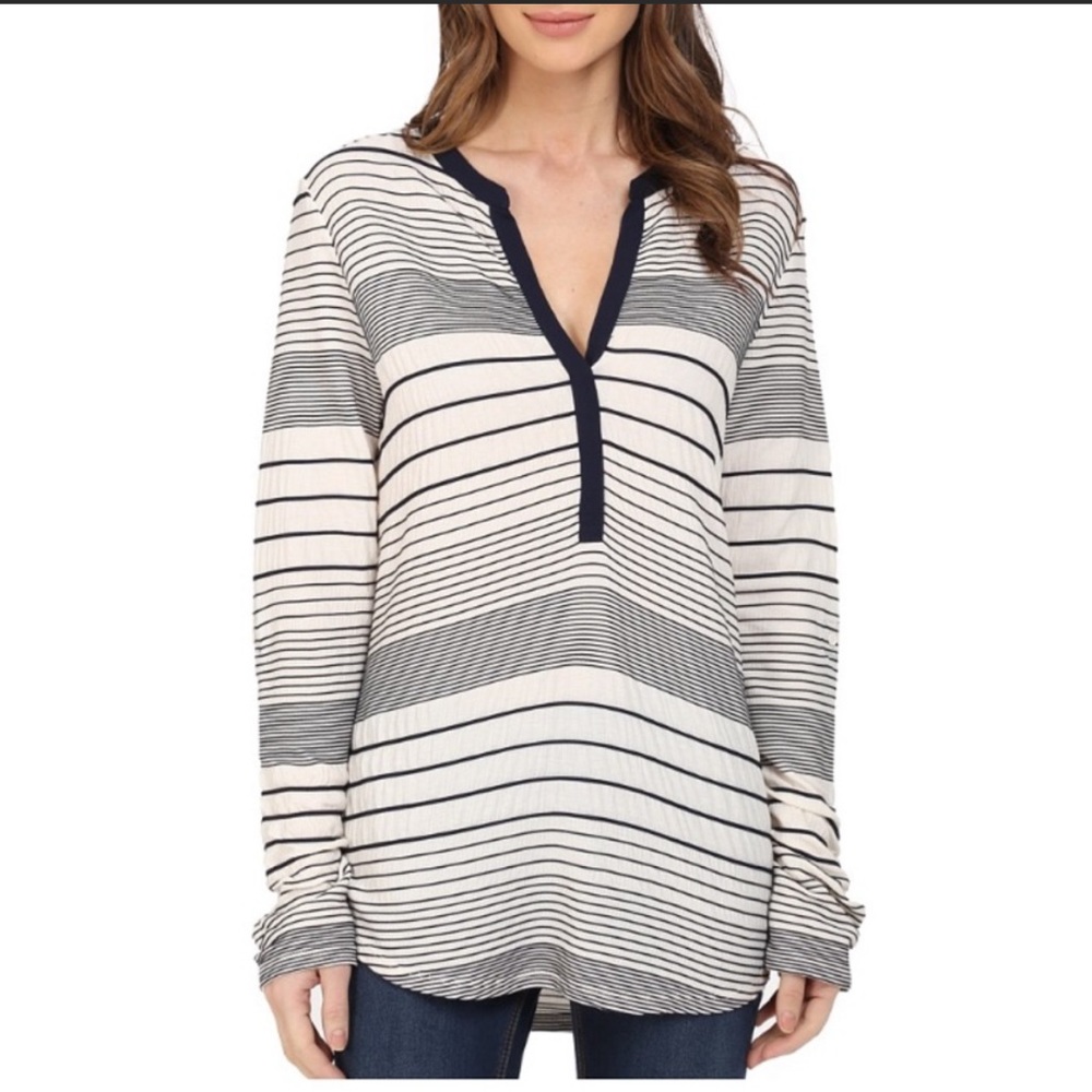 Anthropologie Sanctuary Black Striped Adjustable Long Sleeves V neck Tunic Top